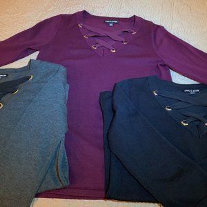 XL Cable and Gauge 3/4 Sleeve V Neck Sweaters (3) with Criss Cross Detailing.